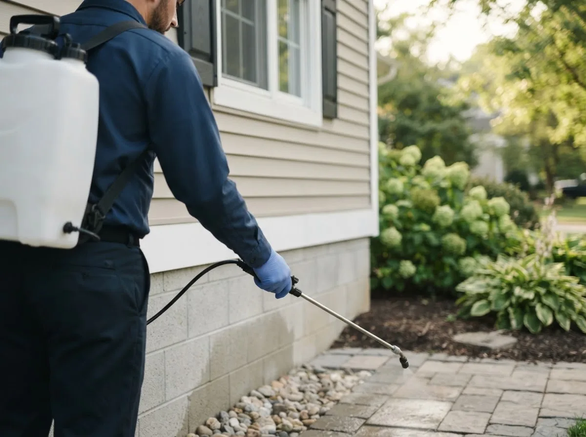 Pest control technician inspecting a home in Castleford, ID